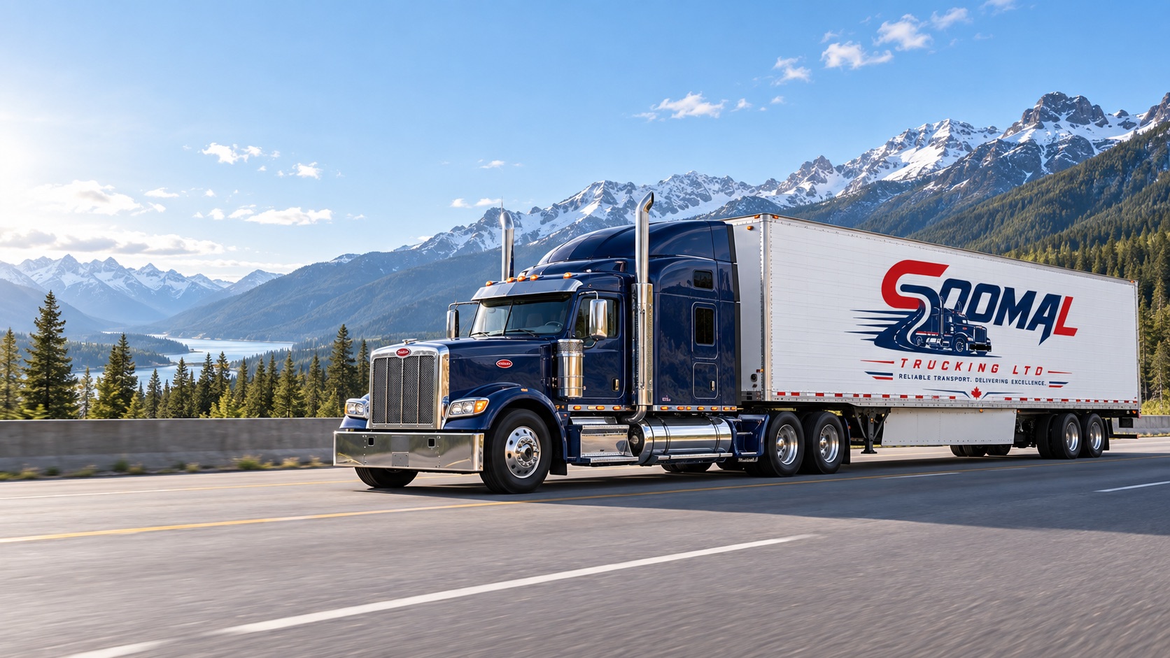 Soomal Trucking navy highway tractor pulling a branded 53-foot trailer